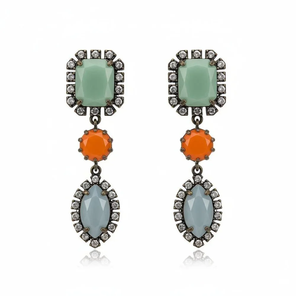 J. Crew Stone Drop Dangle Earrings - Green, Orange & Gray Rhinestone